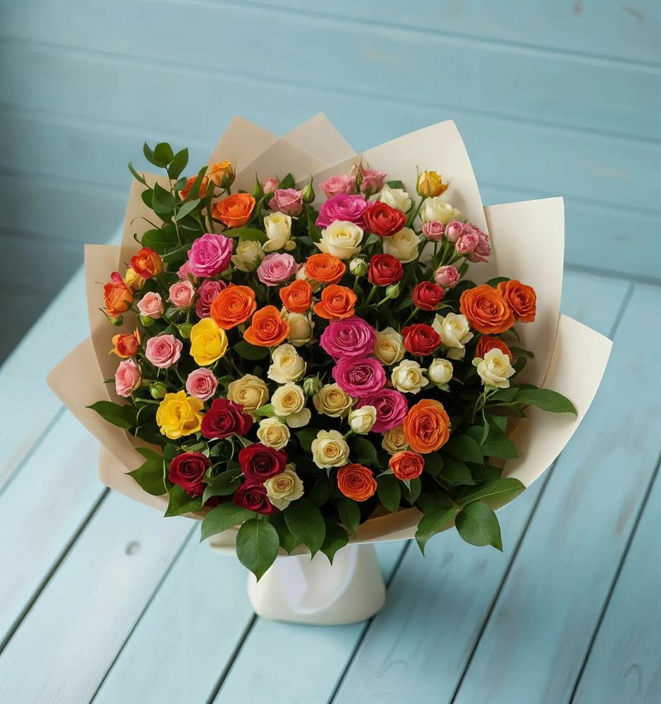 Букет Микс из разноцветных кустовых роз в Малоархангельске