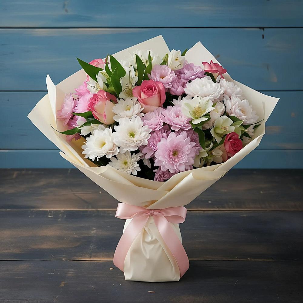 Букет цветов из: Хризантемы, Альстромерии и Розы в Малоархангельске